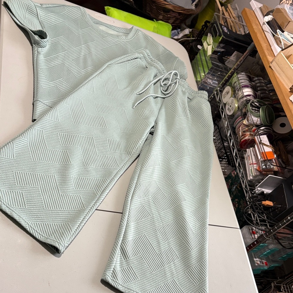 Light Mint Cropped Knit Loungewear Set - Top & Wide Leg Pants